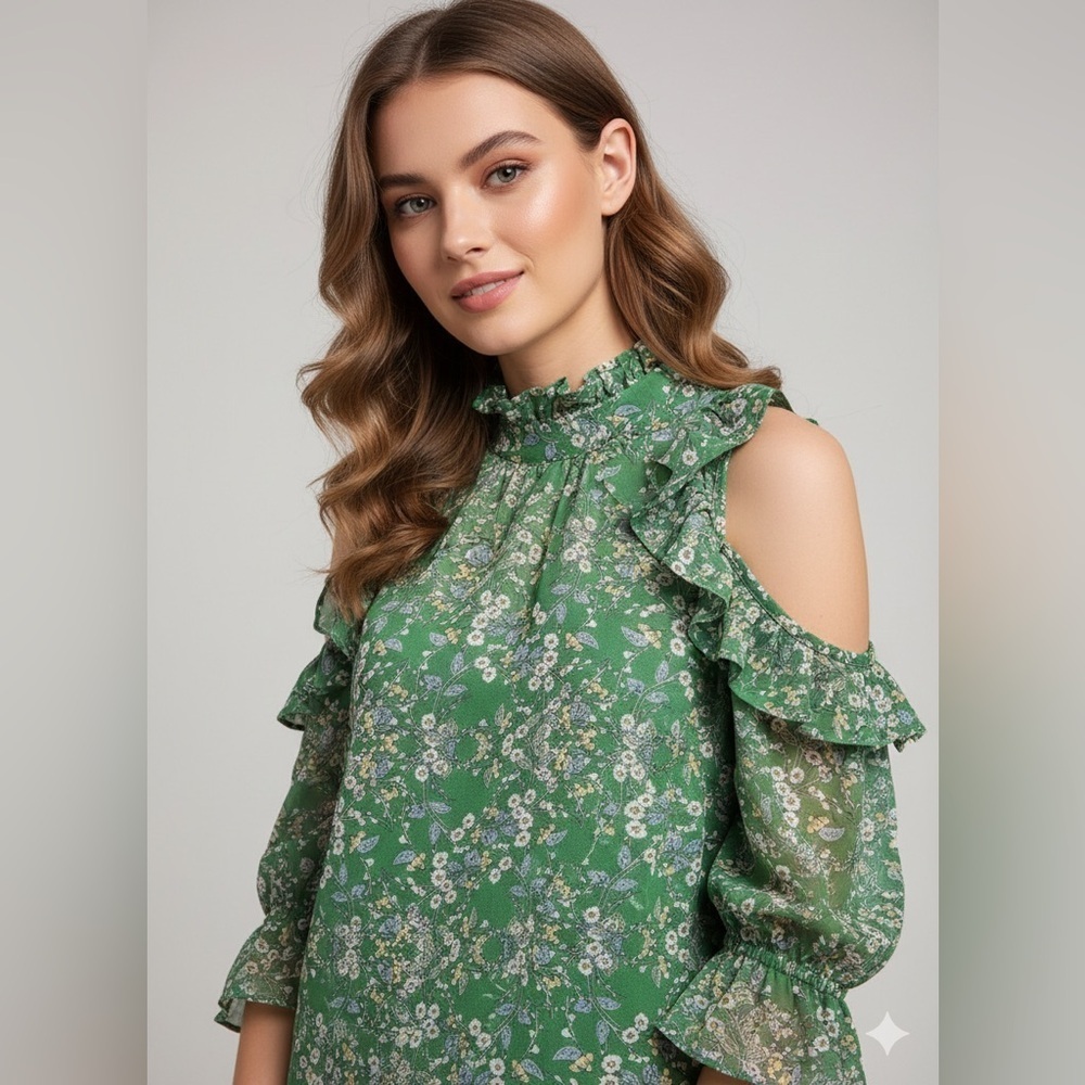 NWOT Max Studio Floral Green Halter Cold Shoulder Ruffle Sleeve Blouse Sz M